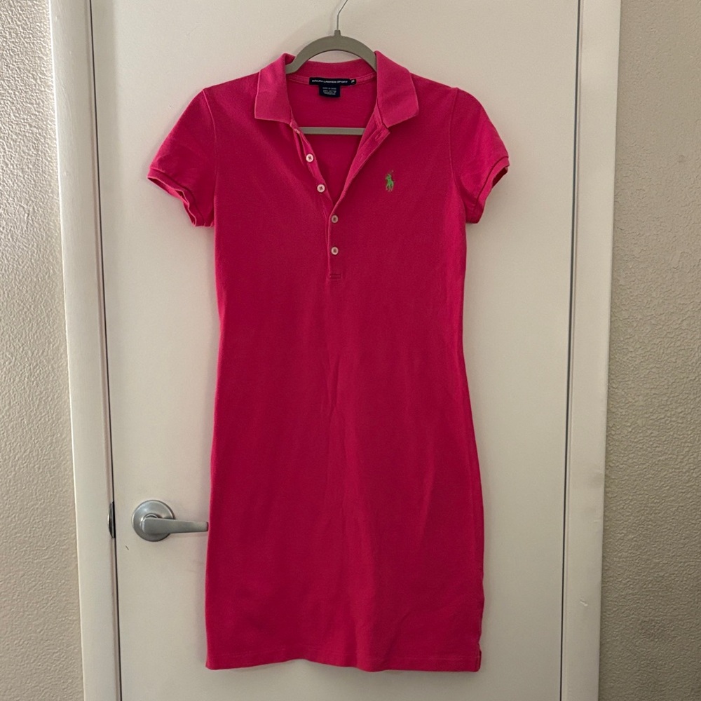 Ralph Lauren Sport Fuchsia Polo Cotton Green Horse Logo Preppy Mini Dress SZ XS